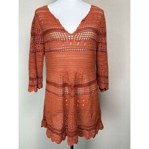 Premise Women's Open Knit Sweater Tunic Cover Up Orange Rust Sz L Boho Hippie